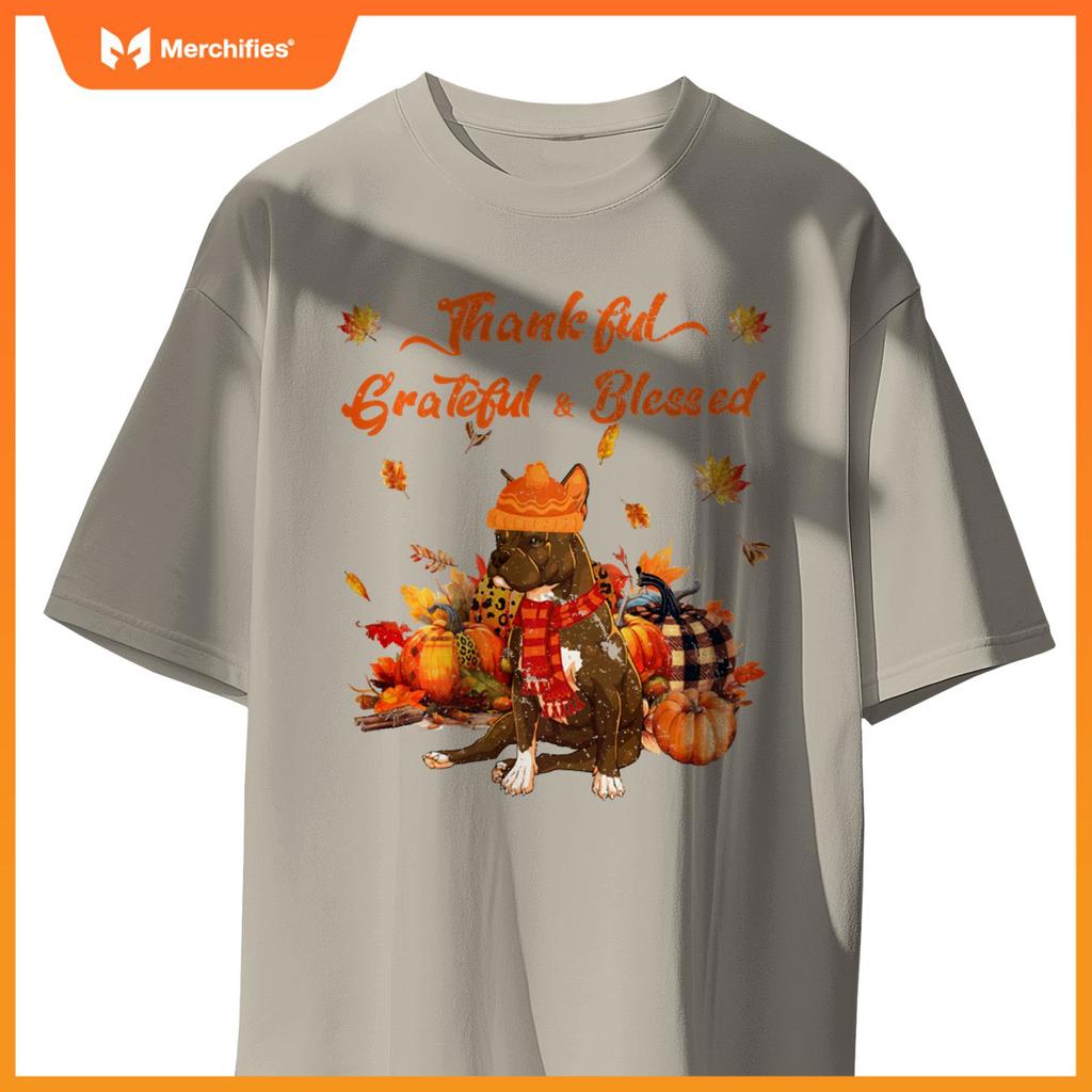 Thankful Grateful Blessed Pitbull Fall Scarf Autumn Leaves T-Shirt