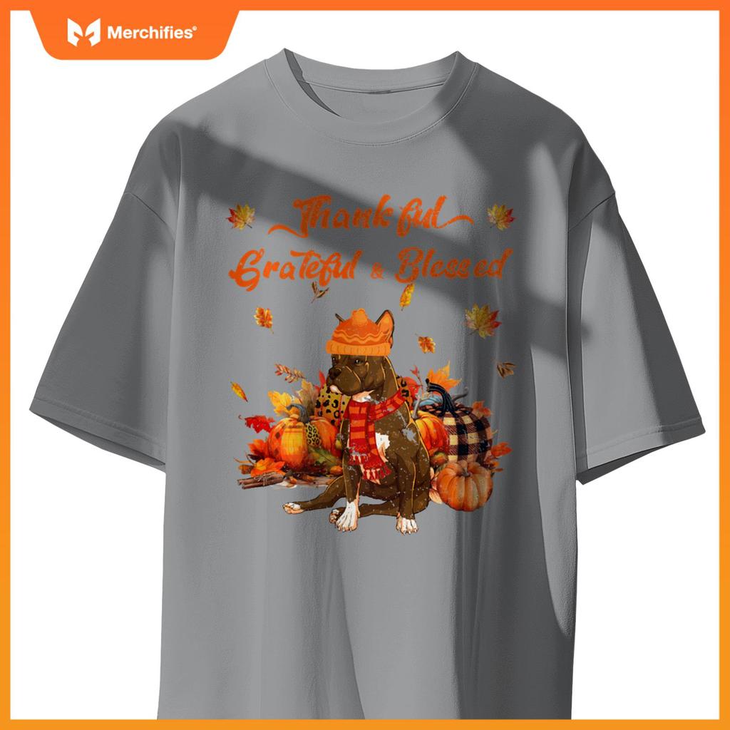 Thankful Grateful Blessed Pitbull Fall Scarf Autumn Leaves T-Shirt