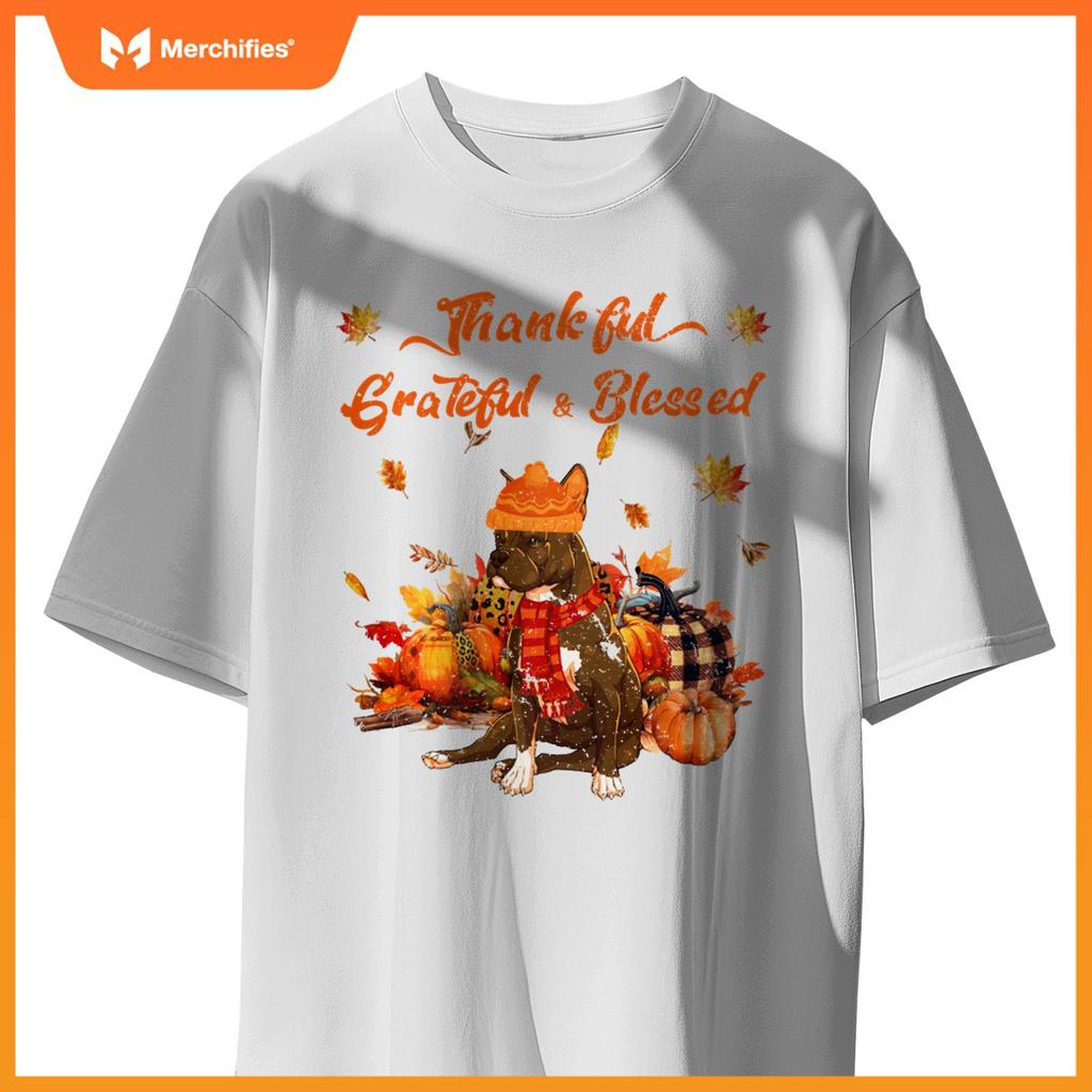 Thankful Grateful Blessed Pitbull Fall Scarf Autumn Leaves T-Shirt