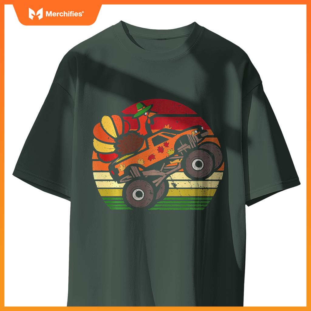 Thanksgiving Turkey Monster Truck Sunset Retro Boys Kids T-Shirt