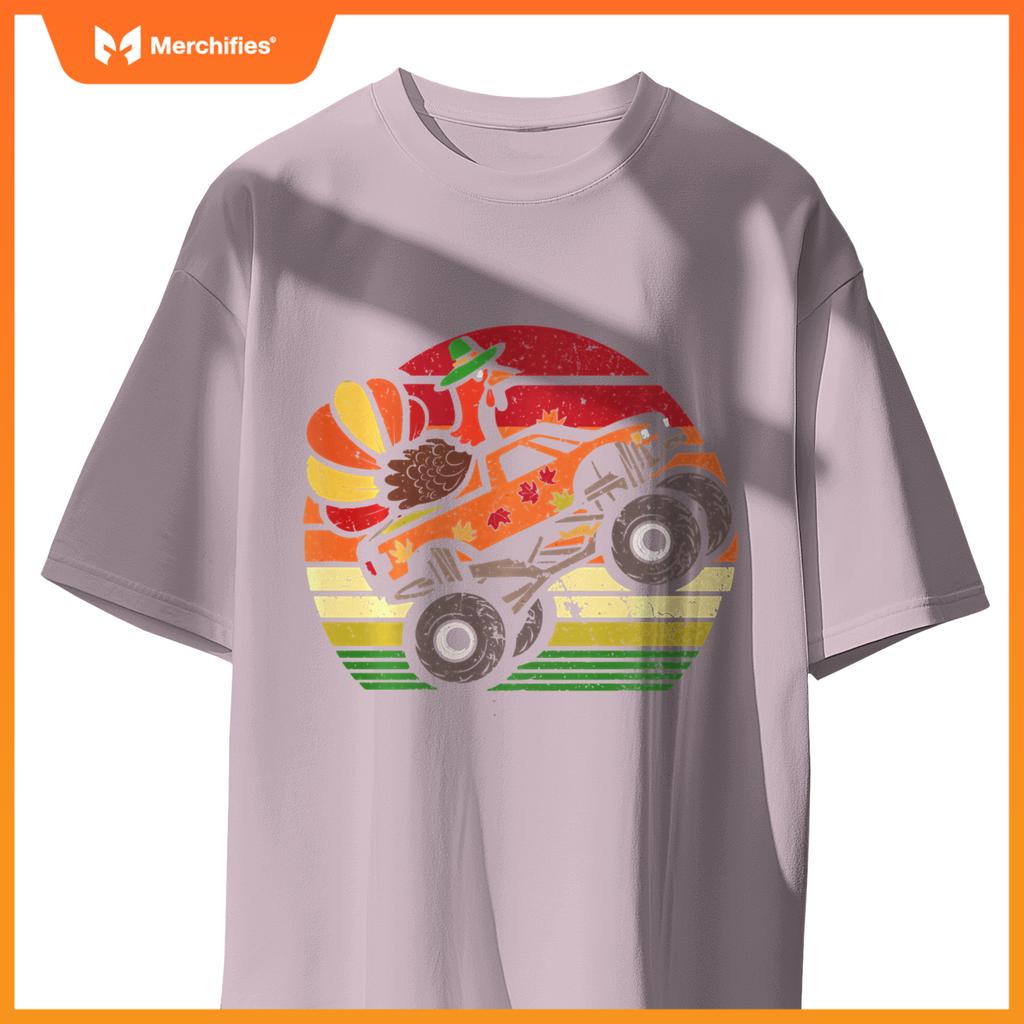 Thanksgiving Turkey Monster Truck Sunset Retro Boys Kids T-Shirt