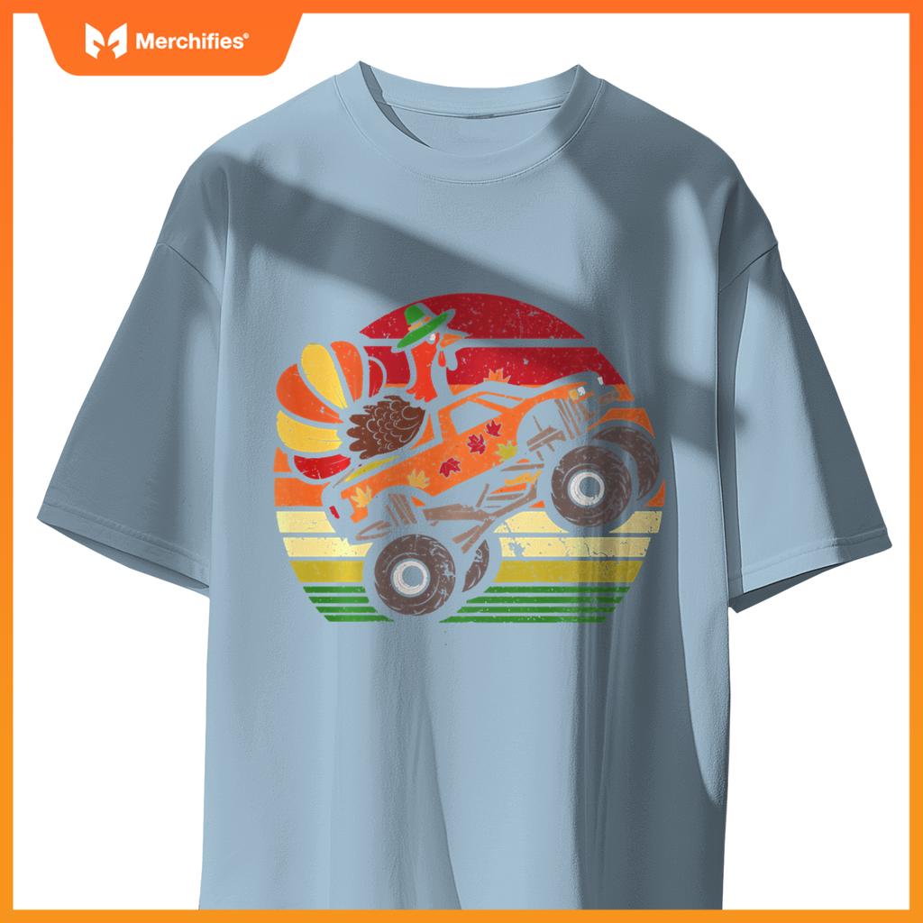 Thanksgiving Turkey Monster Truck Sunset Retro Boys Kids T-Shirt