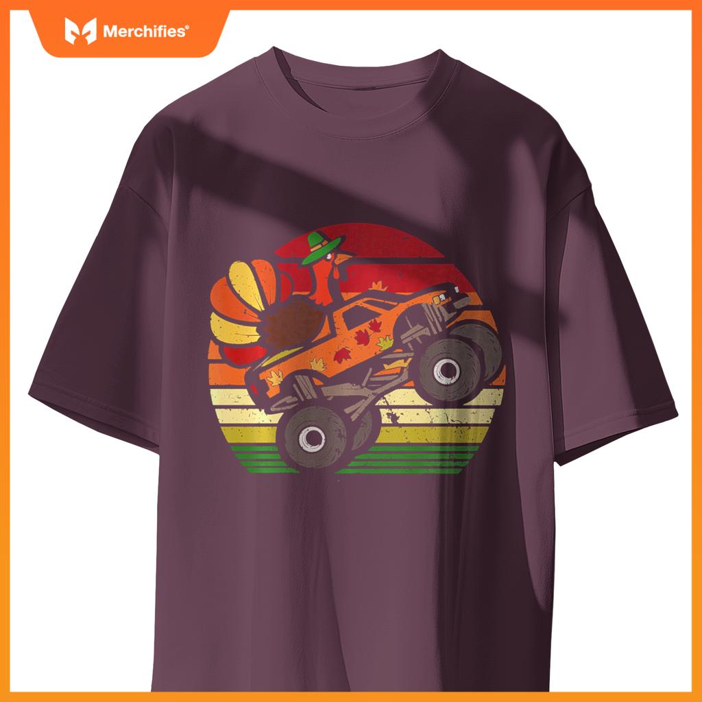 Thanksgiving Turkey Monster Truck Sunset Retro Boys Kids T-Shirt