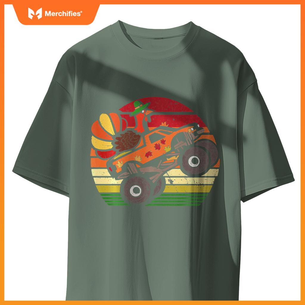 Thanksgiving Turkey Monster Truck Sunset Retro Boys Kids T-Shirt