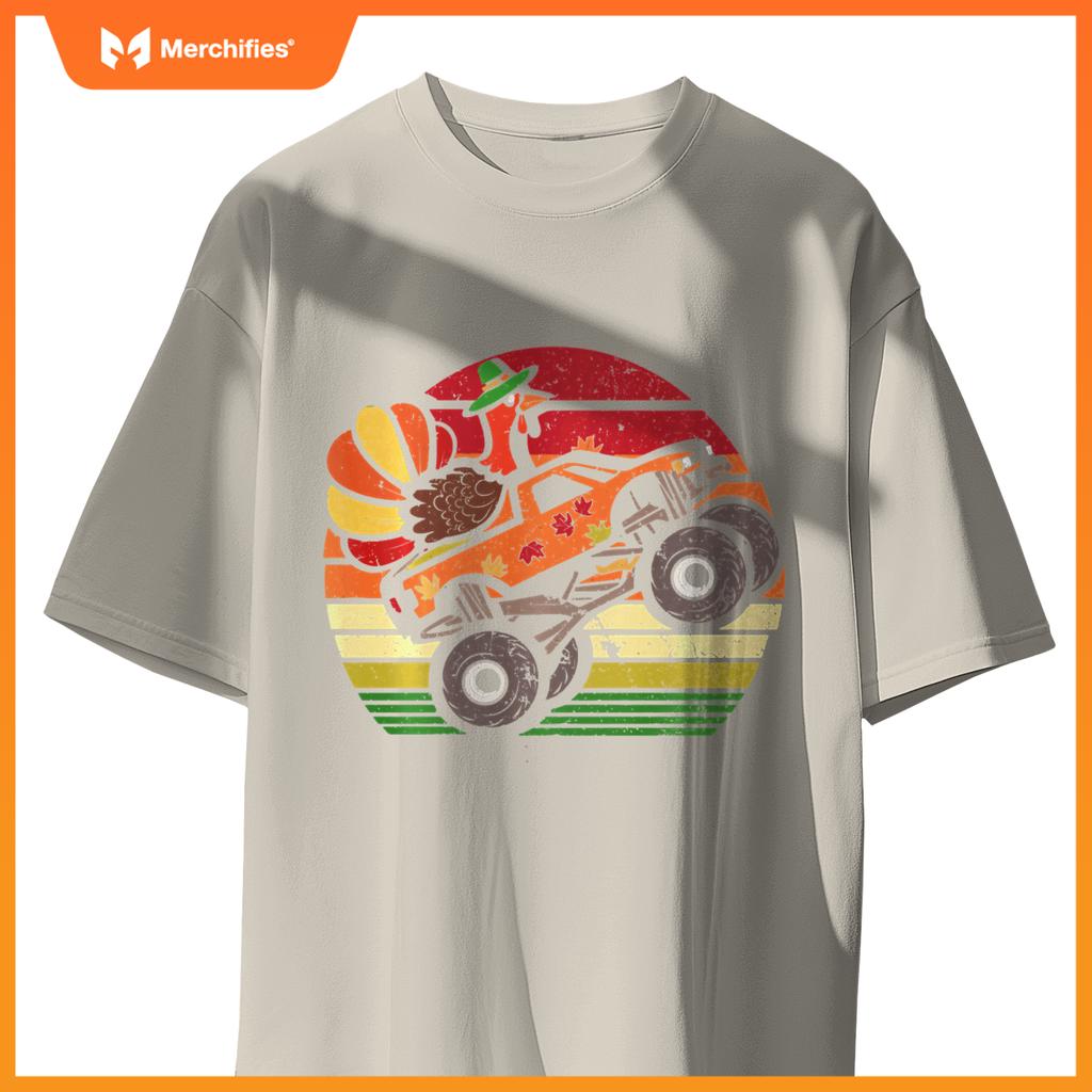 Thanksgiving Turkey Monster Truck Sunset Retro Boys Kids T-Shirt