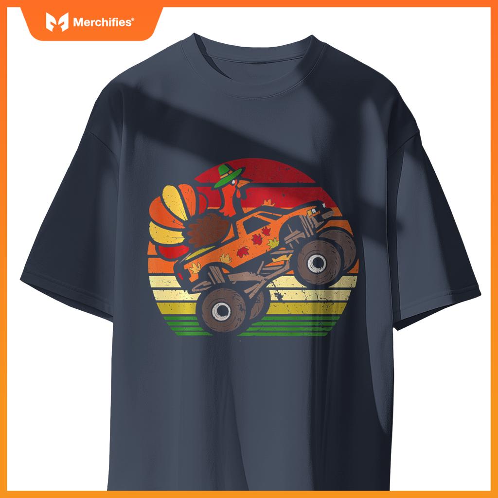 Thanksgiving Turkey Monster Truck Sunset Retro Boys Kids T-Shirt