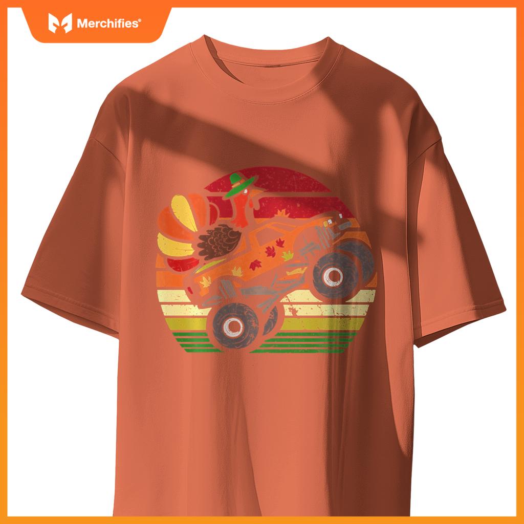 Thanksgiving Turkey Monster Truck Sunset Retro Boys Kids T-Shirt