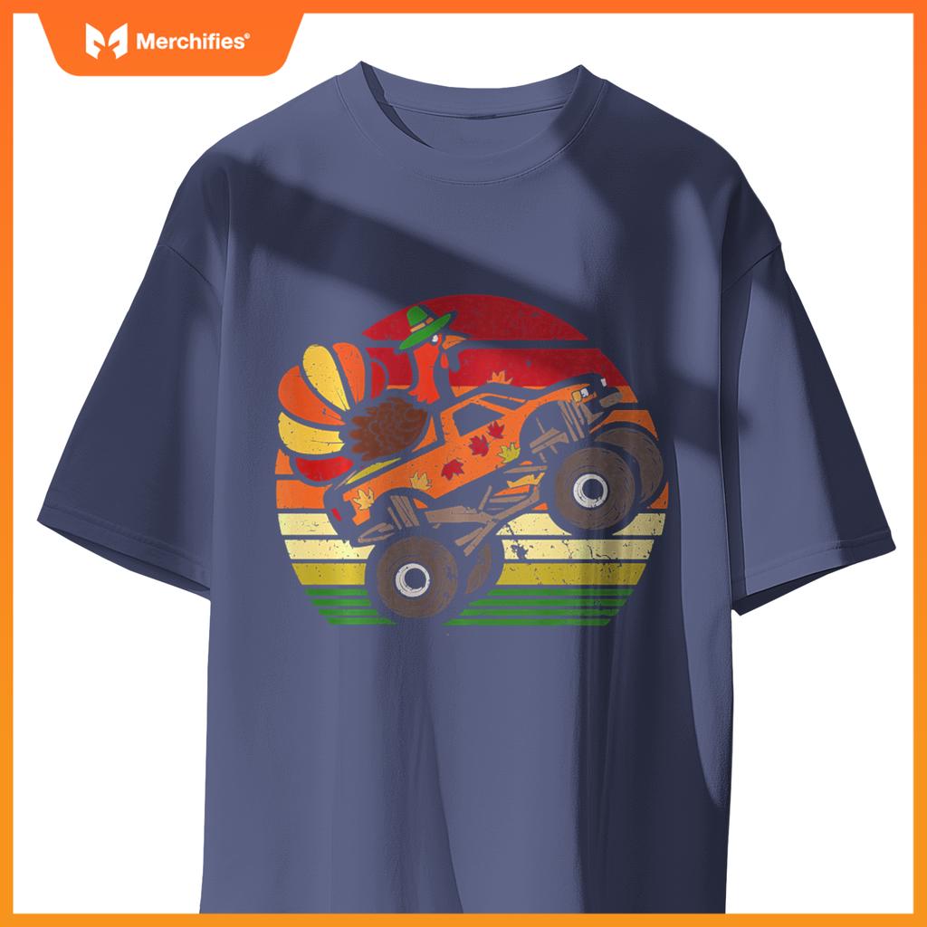Thanksgiving Turkey Monster Truck Sunset Retro Boys Kids T-Shirt