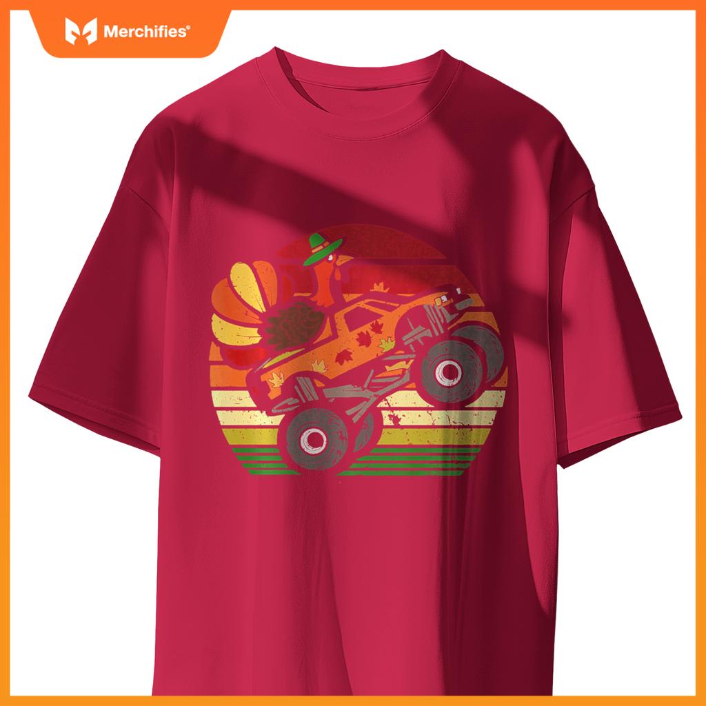 Thanksgiving Turkey Monster Truck Sunset Retro Boys Kids T-Shirt