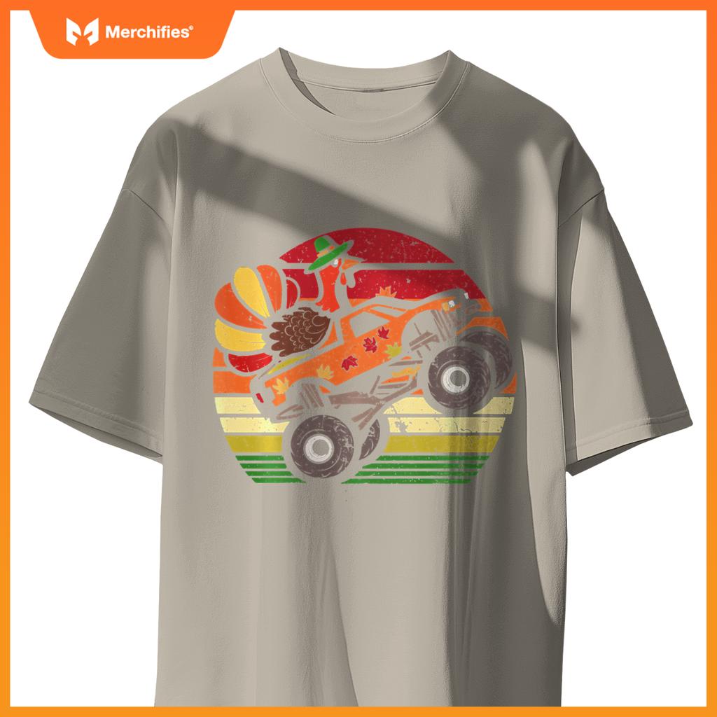 Thanksgiving Turkey Monster Truck Sunset Retro Boys Kids T-Shirt