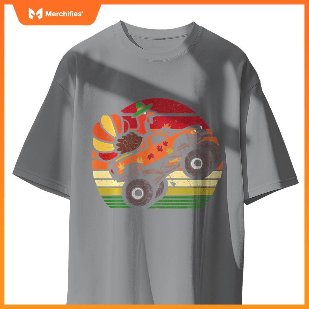 Thanksgiving Turkey Monster Truck Sunset Retro Boys Kids T-Shirt