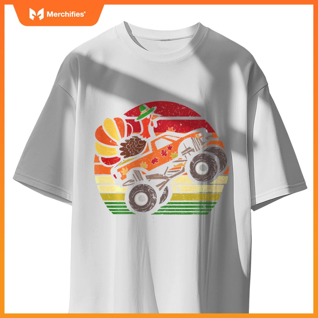 Thanksgiving Turkey Monster Truck Sunset Retro Boys Kids T-Shirt