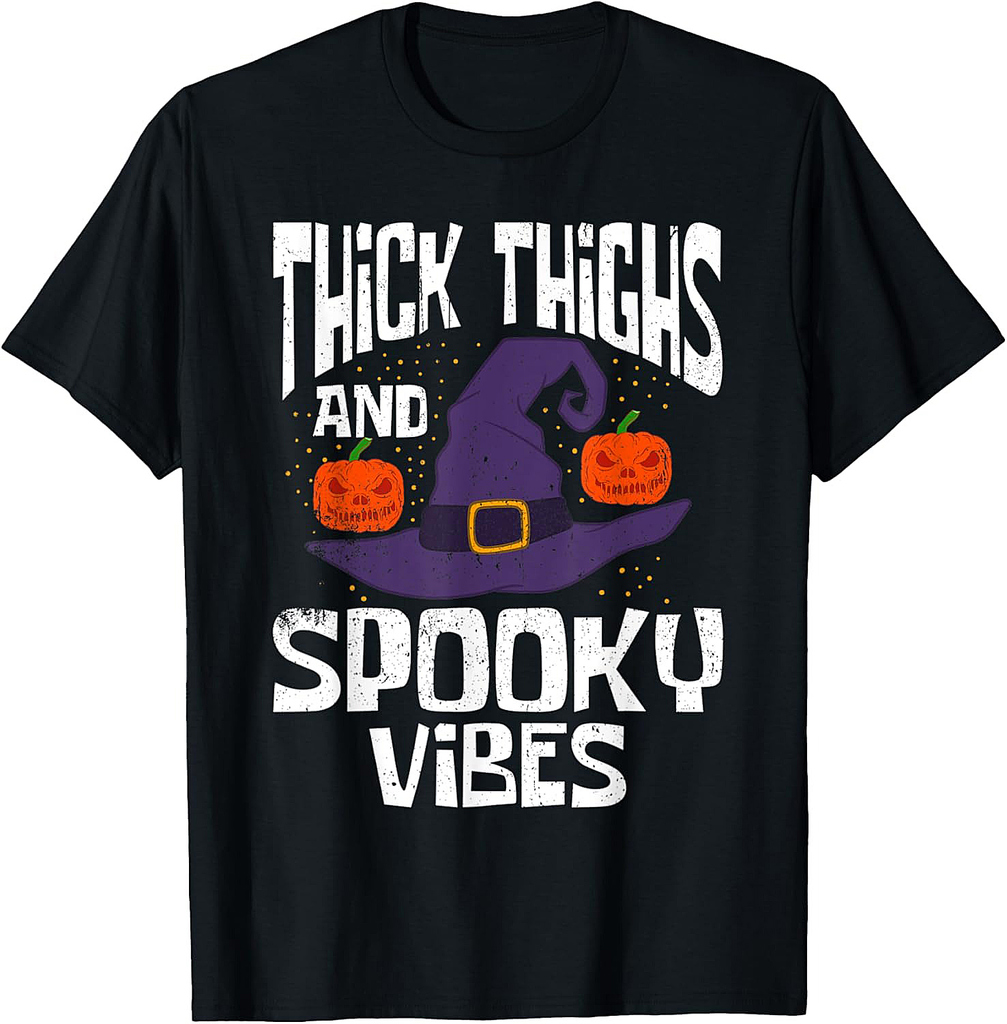 Thick Thigh And Spooky Vibes Halloween Witch Hat and Pumpkin T-Shirt