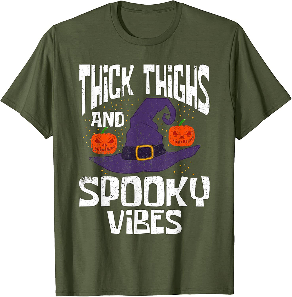 Thick Thigh And Spooky Vibes Halloween Witch Hat and Pumpkin T-Shirt