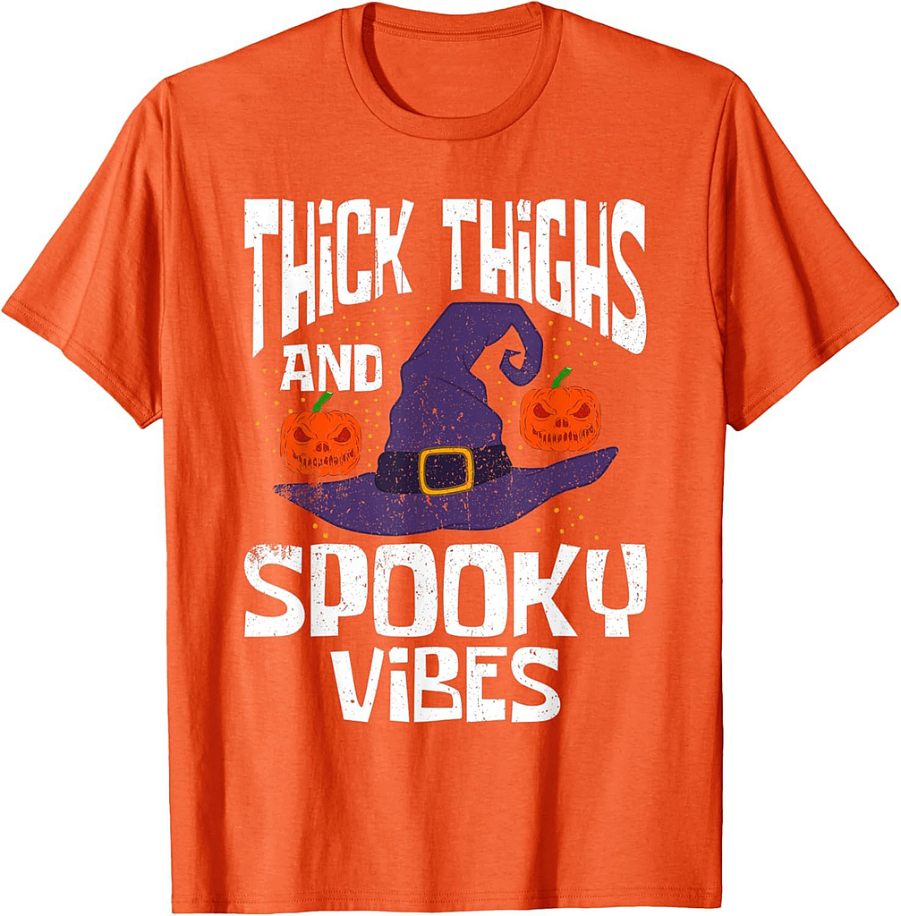 Thick Thigh And Spooky Vibes Halloween Witch Hat and Pumpkin T-Shirt