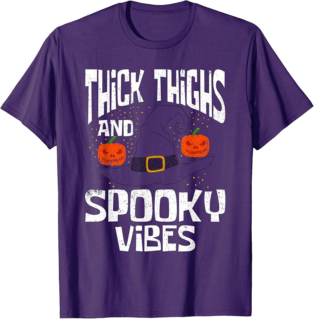 Thick Thigh And Spooky Vibes Halloween Witch Hat and Pumpkin T-Shirt