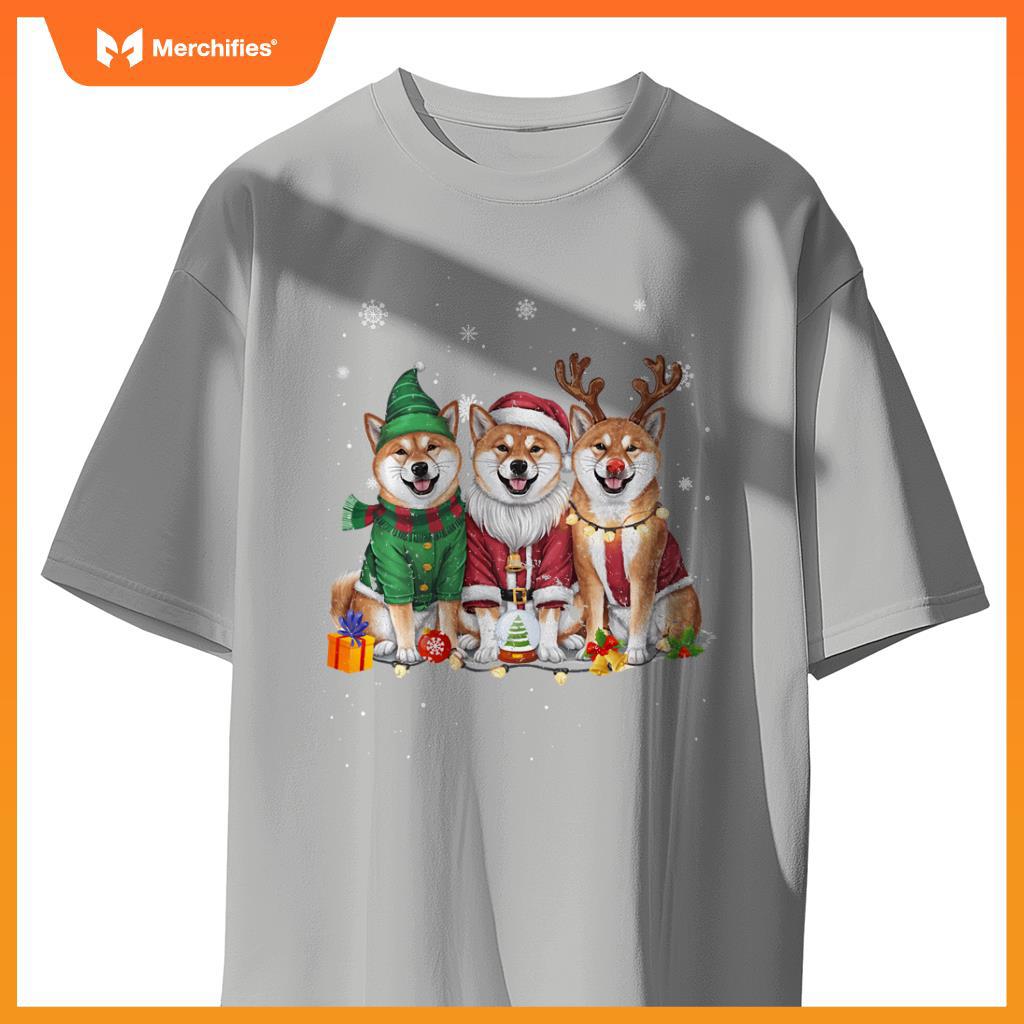 Three Shiba Inu Dogs Christmas Funny Santa Reindeer Xmas T-Shirt