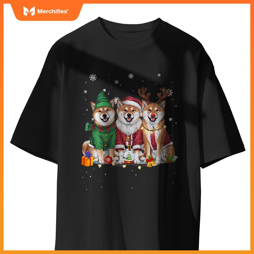 Three Shiba Inu Dogs Christmas Funny Santa Reindeer Xmas T-Shirt
