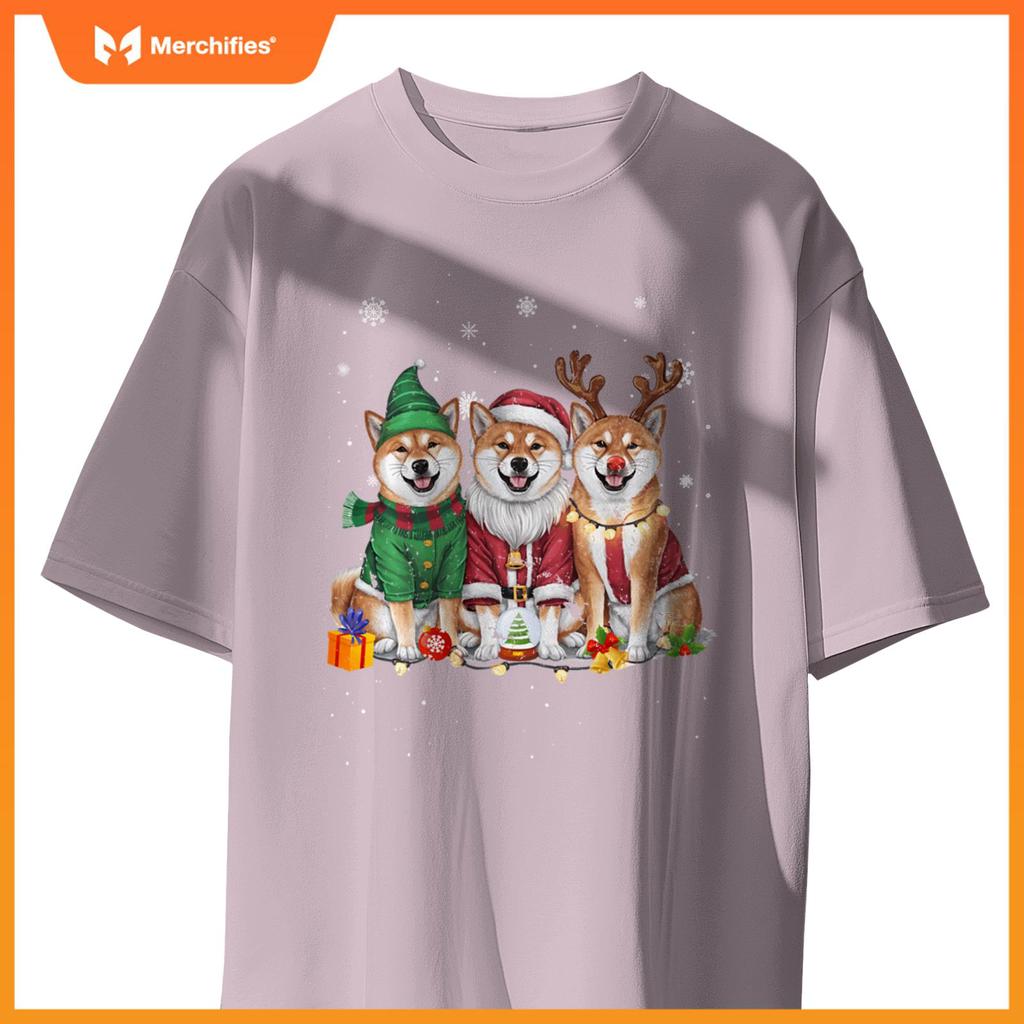 Three Shiba Inu Dogs Christmas Funny Santa Reindeer Xmas T-Shirt