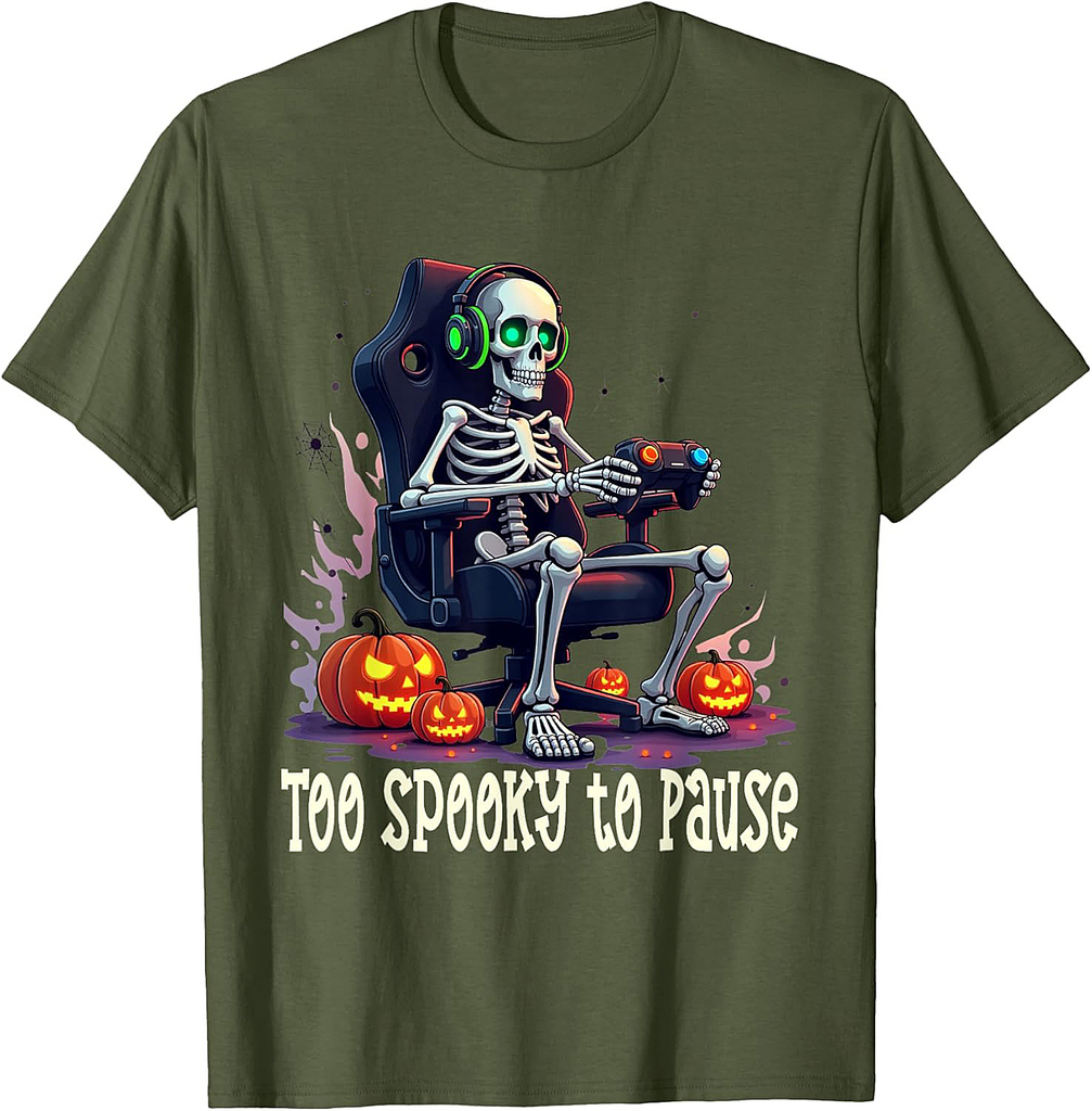 Too Spooky to Pause – Funny Halloween Skeleton Gamer T-Shirt