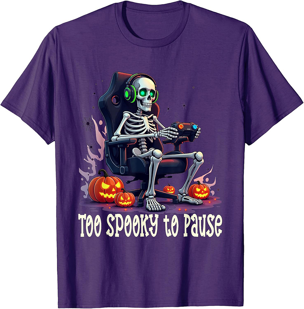 Too Spooky to Pause – Funny Halloween Skeleton Gamer T-Shirt