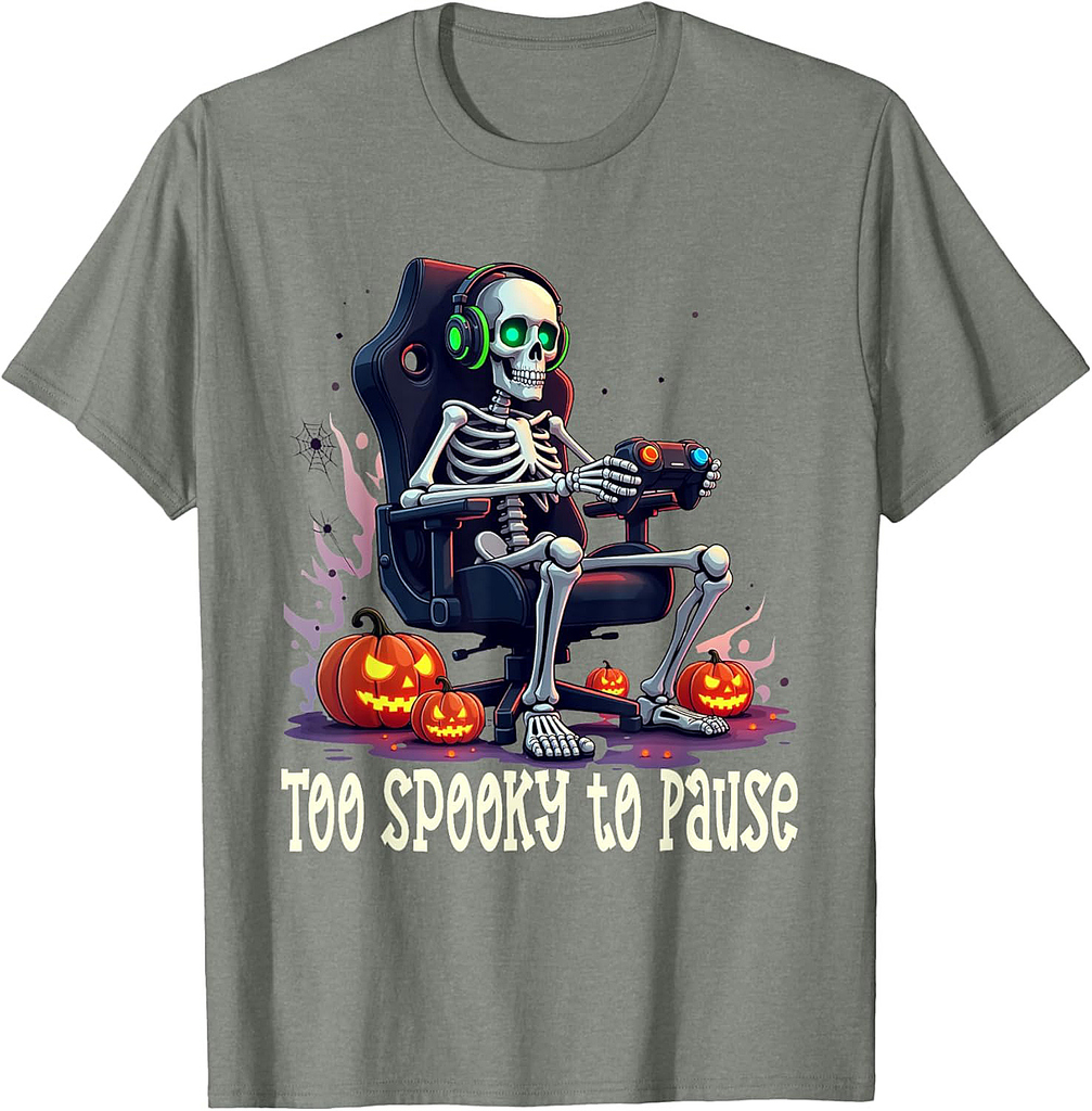 Too Spooky to Pause – Funny Halloween Skeleton Gamer T-Shirt
