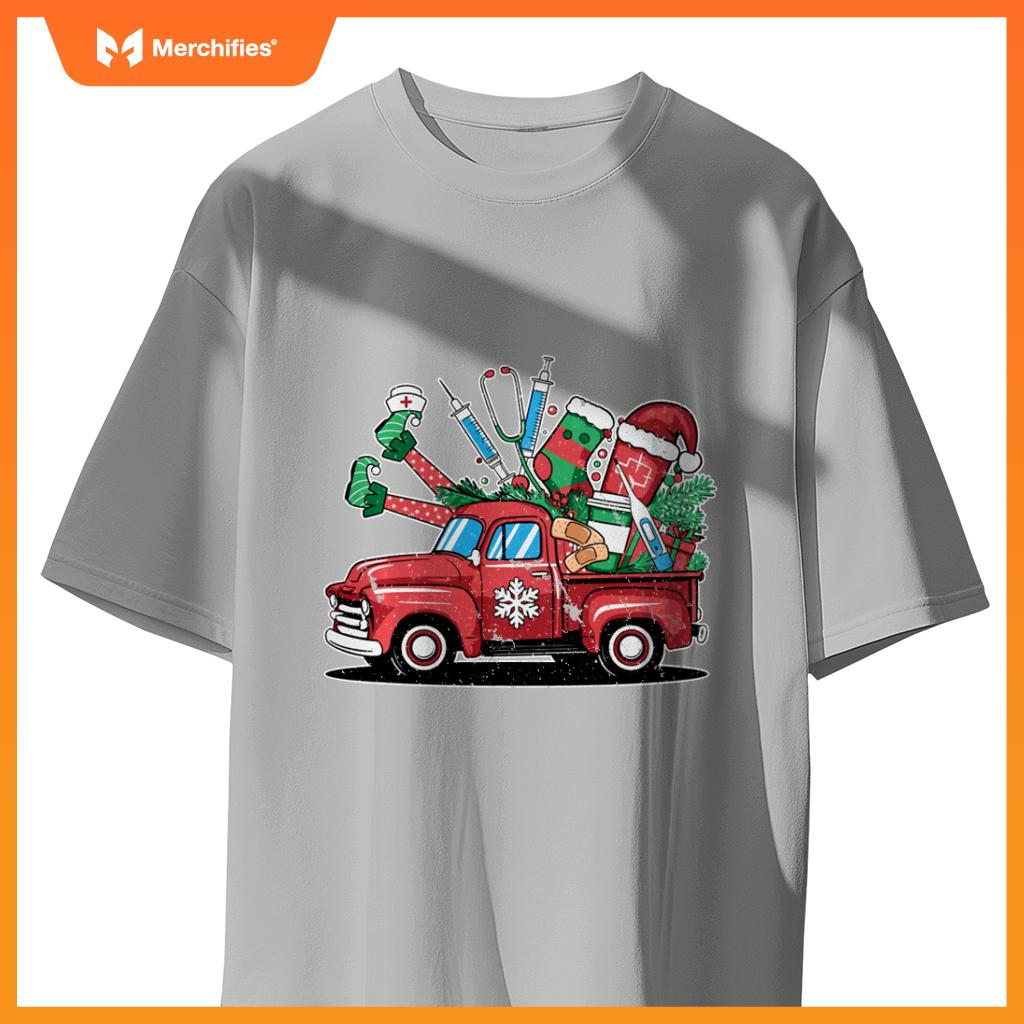 Truck Holly Xmas Jolly Nurse Women Pajamas Gifts Santa Hat T-Shirt