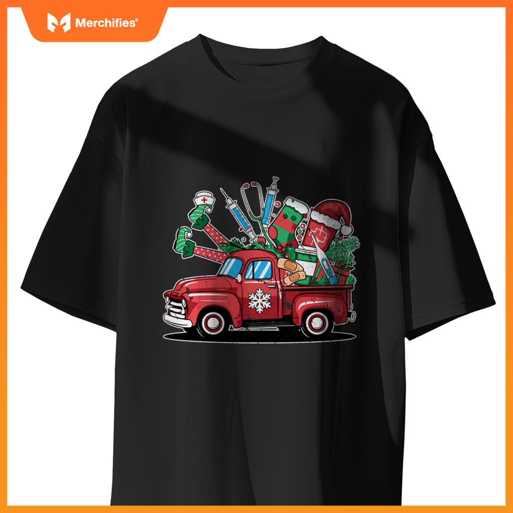 Truck Holly Xmas Jolly Nurse Women Pajamas Gifts Santa Hat T-Shirt