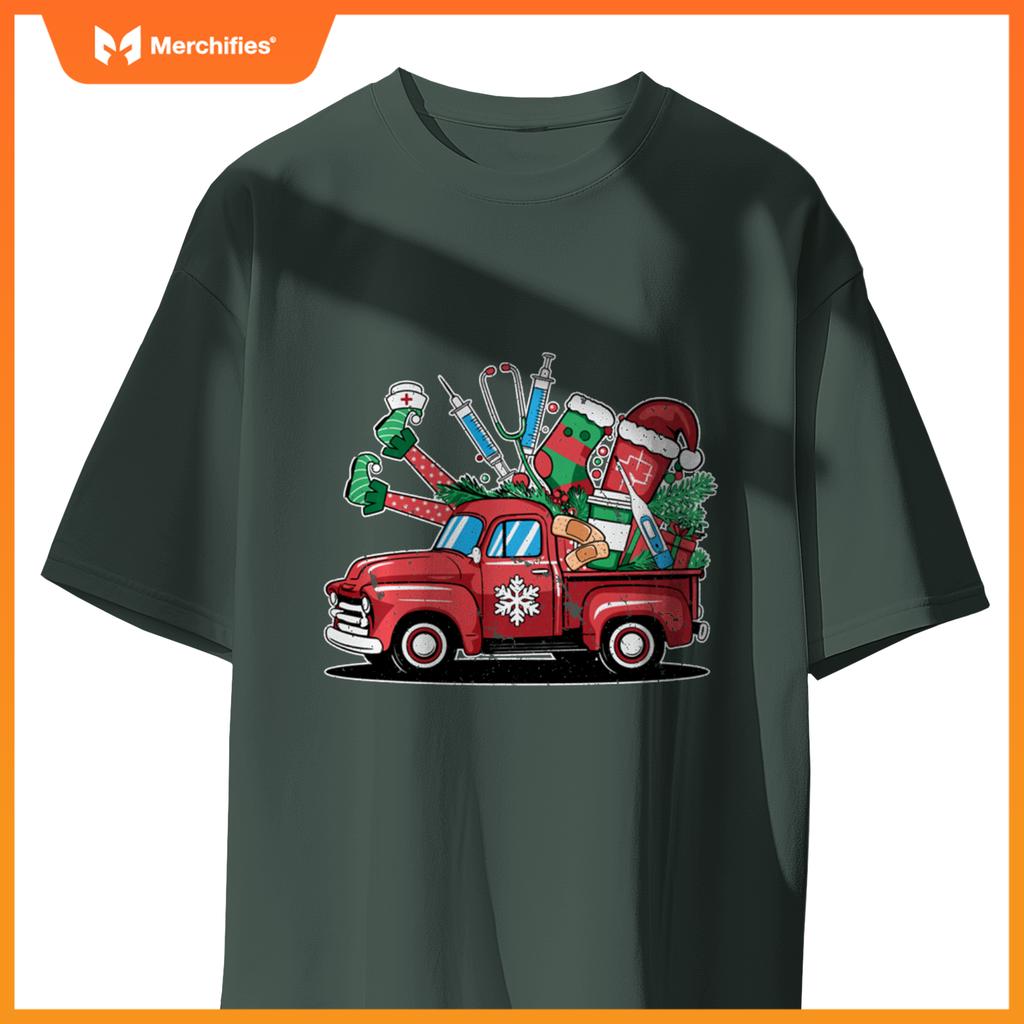 Truck Holly Xmas Jolly Nurse Women Pajamas Gifts Santa Hat T-Shirt