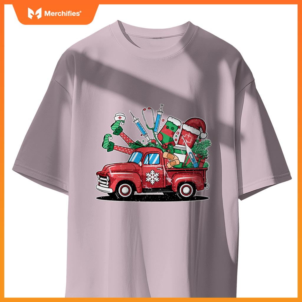 Truck Holly Xmas Jolly Nurse Women Pajamas Gifts Santa Hat T-Shirt