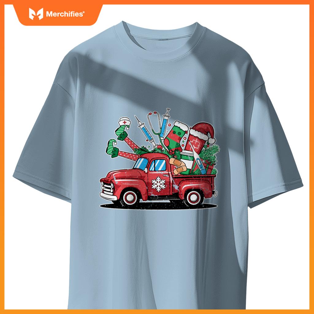 Truck Holly Xmas Jolly Nurse Women Pajamas Gifts Santa Hat T-Shirt