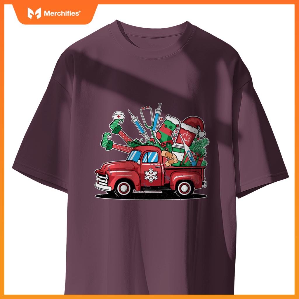 Truck Holly Xmas Jolly Nurse Women Pajamas Gifts Santa Hat T-Shirt