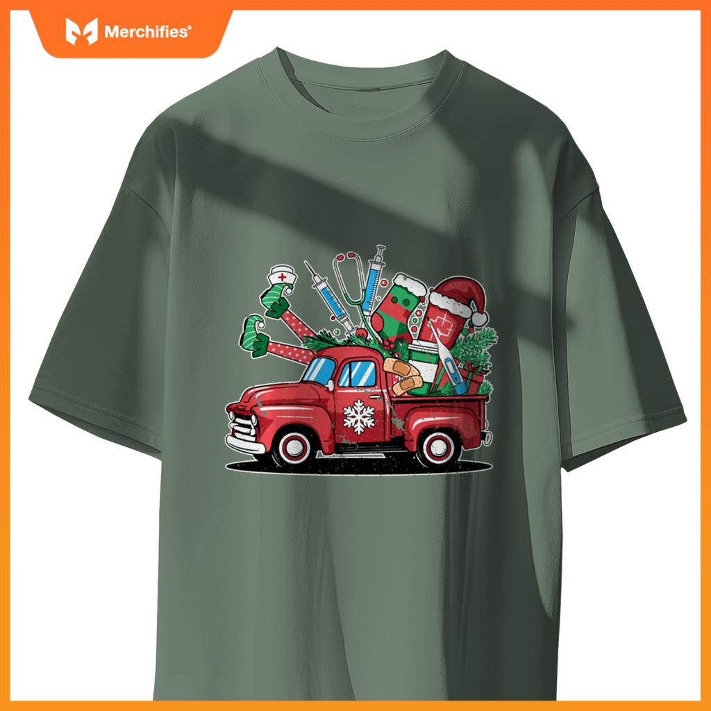 Truck Holly Xmas Jolly Nurse Women Pajamas Gifts Santa Hat T-Shirt