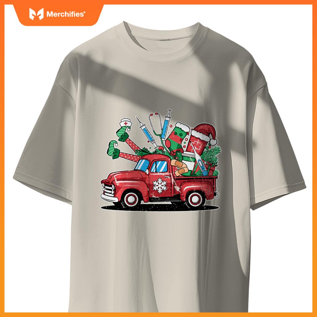 Truck Holly Xmas Jolly Nurse Women Pajamas Gifts Santa Hat T-Shirt