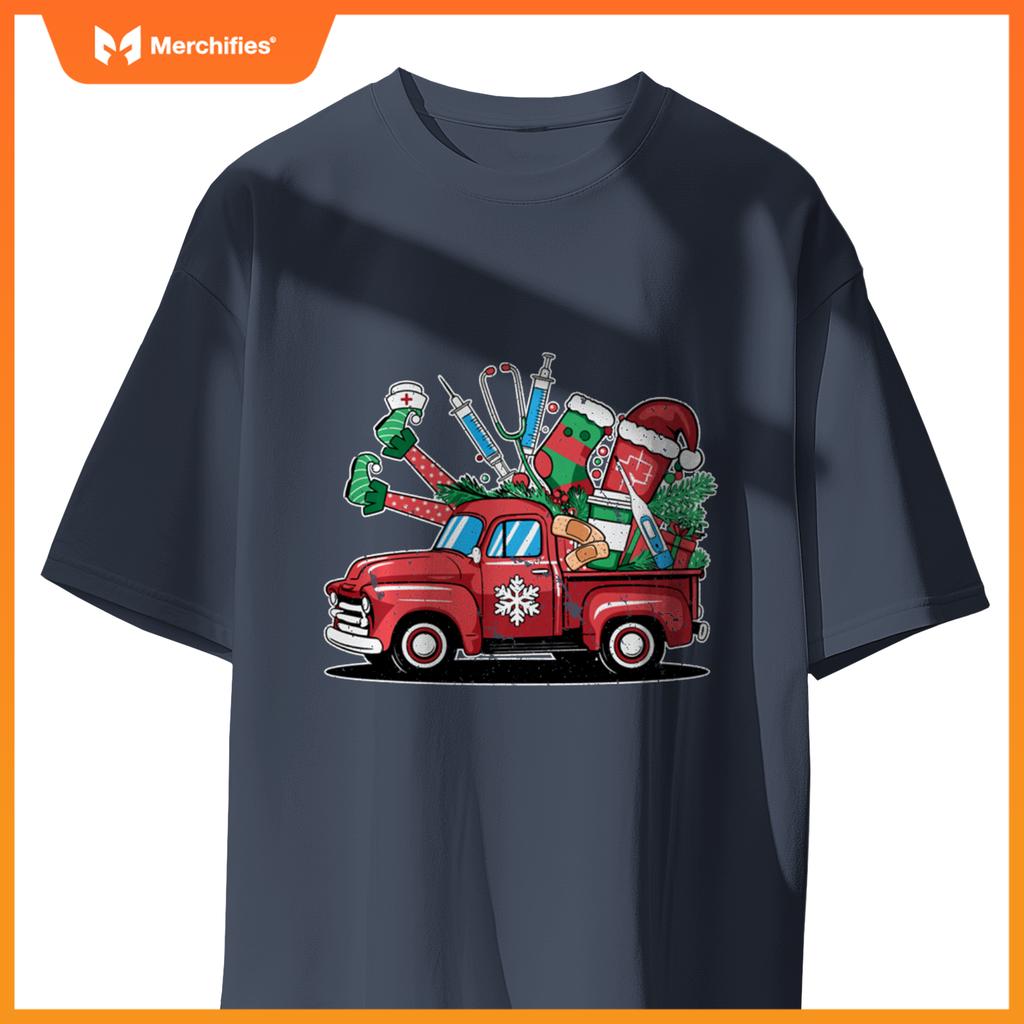 Truck Holly Xmas Jolly Nurse Women Pajamas Gifts Santa Hat T-Shirt