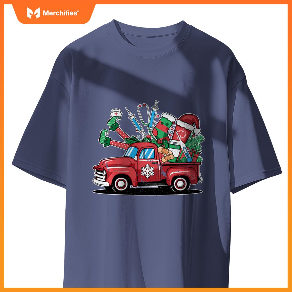 Truck Holly Xmas Jolly Nurse Women Pajamas Gifts Santa Hat T-Shirt