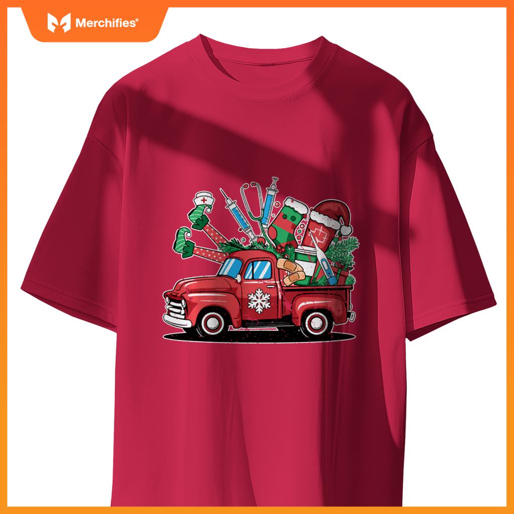 Truck Holly Xmas Jolly Nurse Women Pajamas Gifts Santa Hat T-Shirt