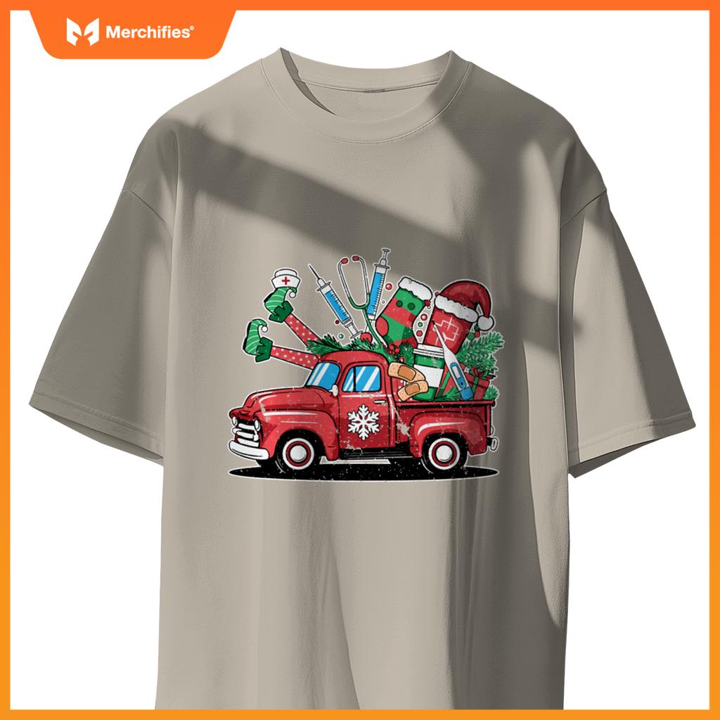 Truck Holly Xmas Jolly Nurse Women Pajamas Gifts Santa Hat T-Shirt