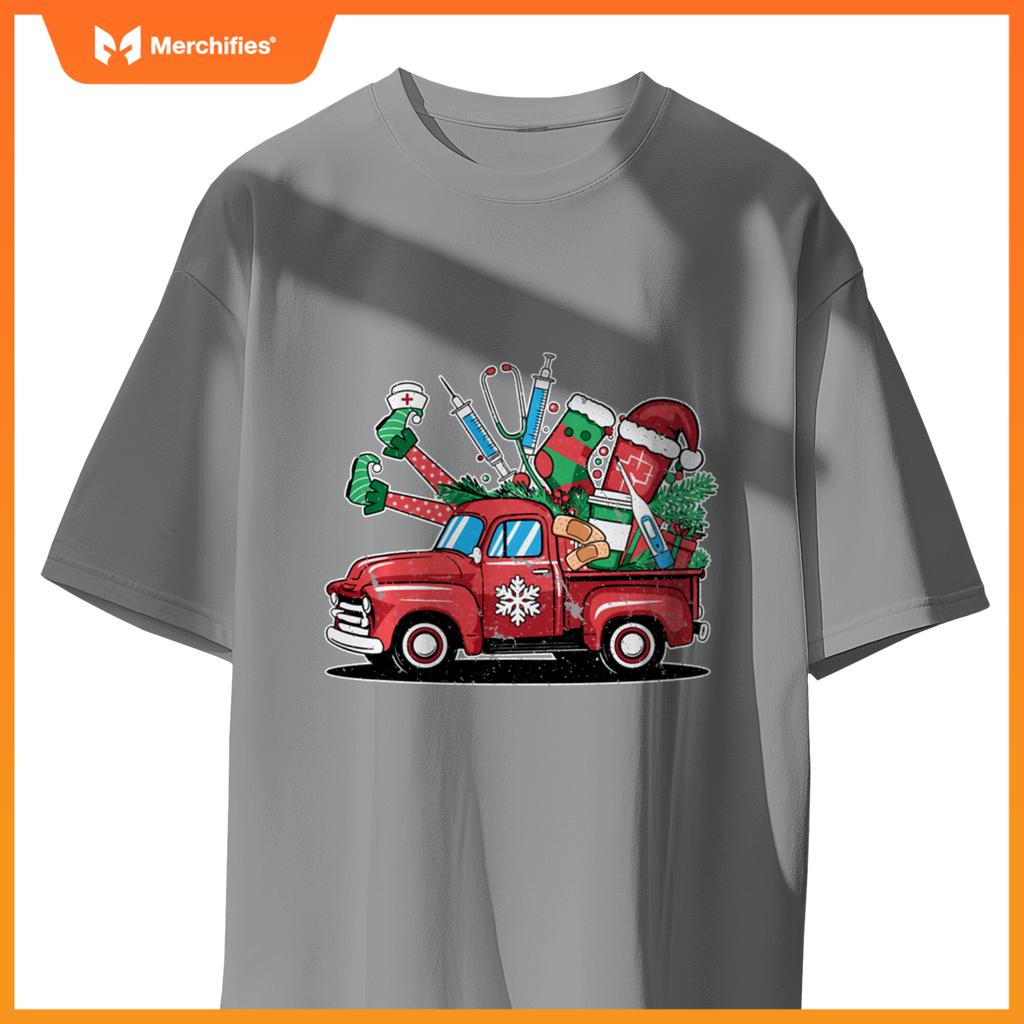 Truck Holly Xmas Jolly Nurse Women Pajamas Gifts Santa Hat T-Shirt