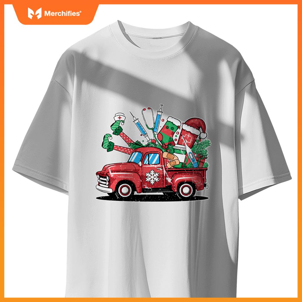 Truck Holly Xmas Jolly Nurse Women Pajamas Gifts Santa Hat T-Shirt