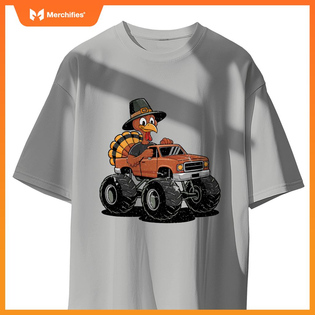 Turkey Riding Monster Truck For Boys girls Kids Thanksgiving T-Shirt