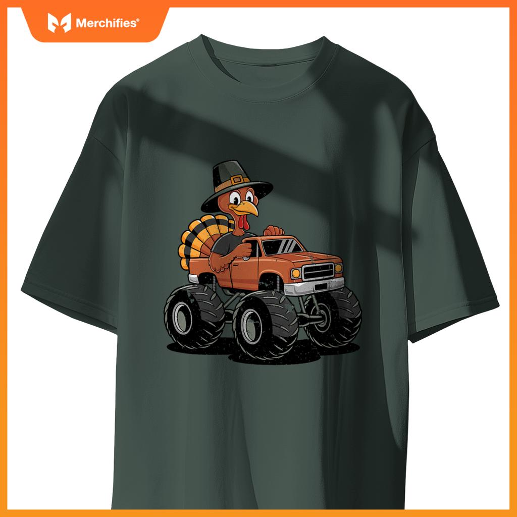 Turkey Riding Monster Truck For Boys girls Kids Thanksgiving T-Shirt
