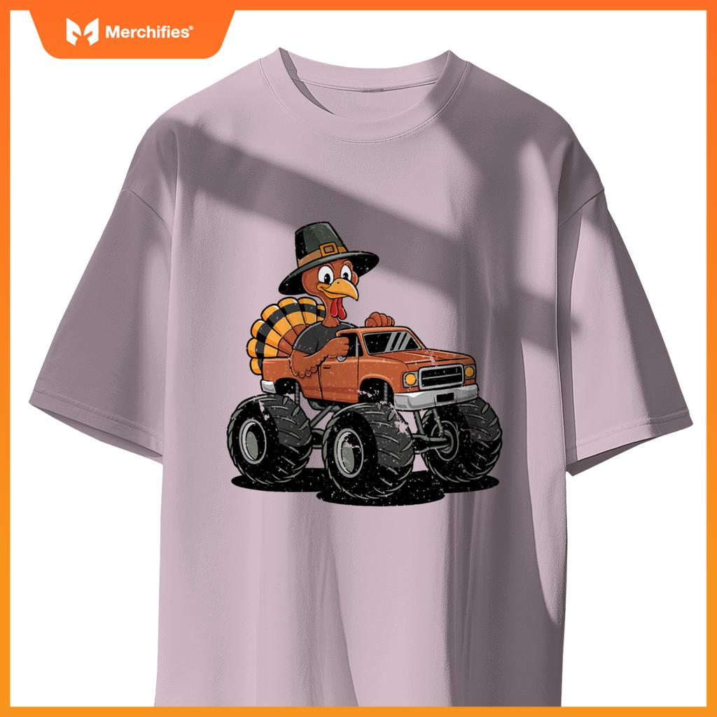 Turkey Riding Monster Truck For Boys girls Kids Thanksgiving T-Shirt