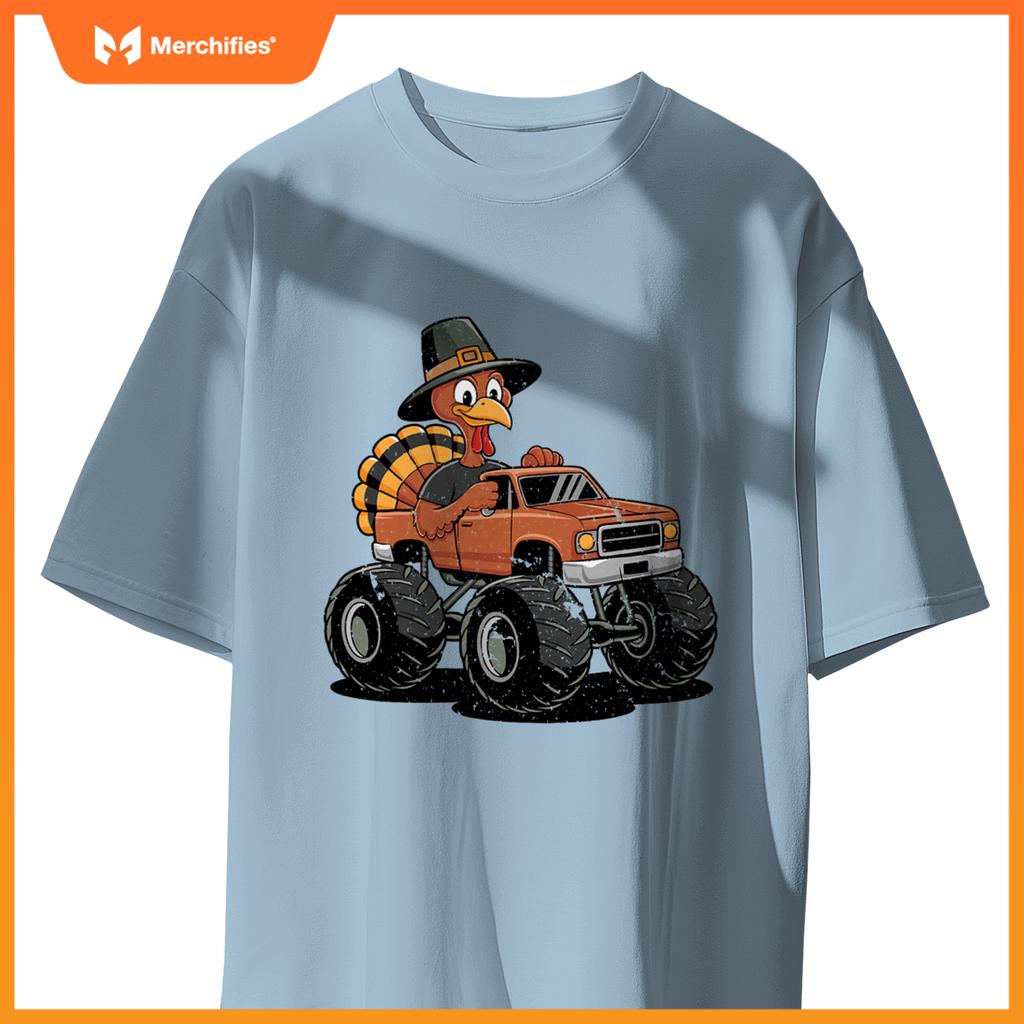 Turkey Riding Monster Truck For Boys girls Kids Thanksgiving T-Shirt