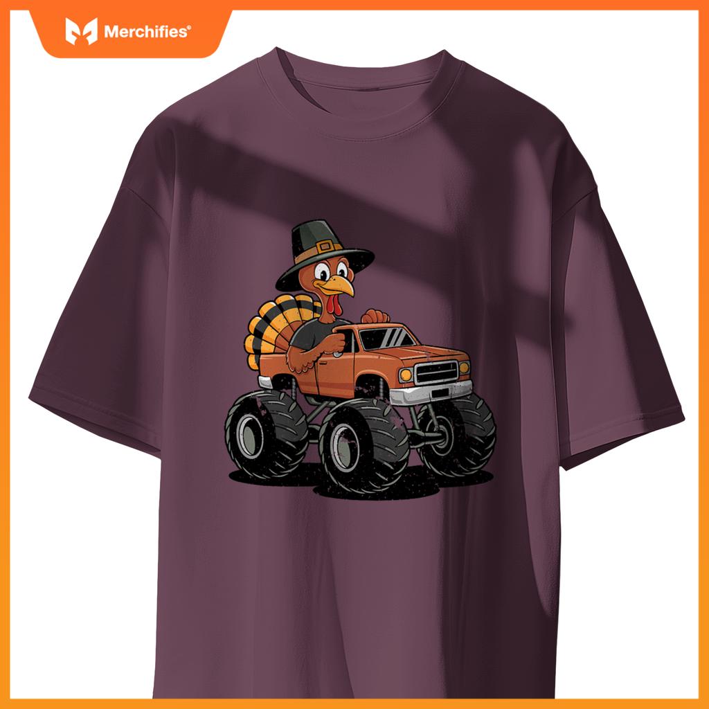 Turkey Riding Monster Truck For Boys girls Kids Thanksgiving T-Shirt