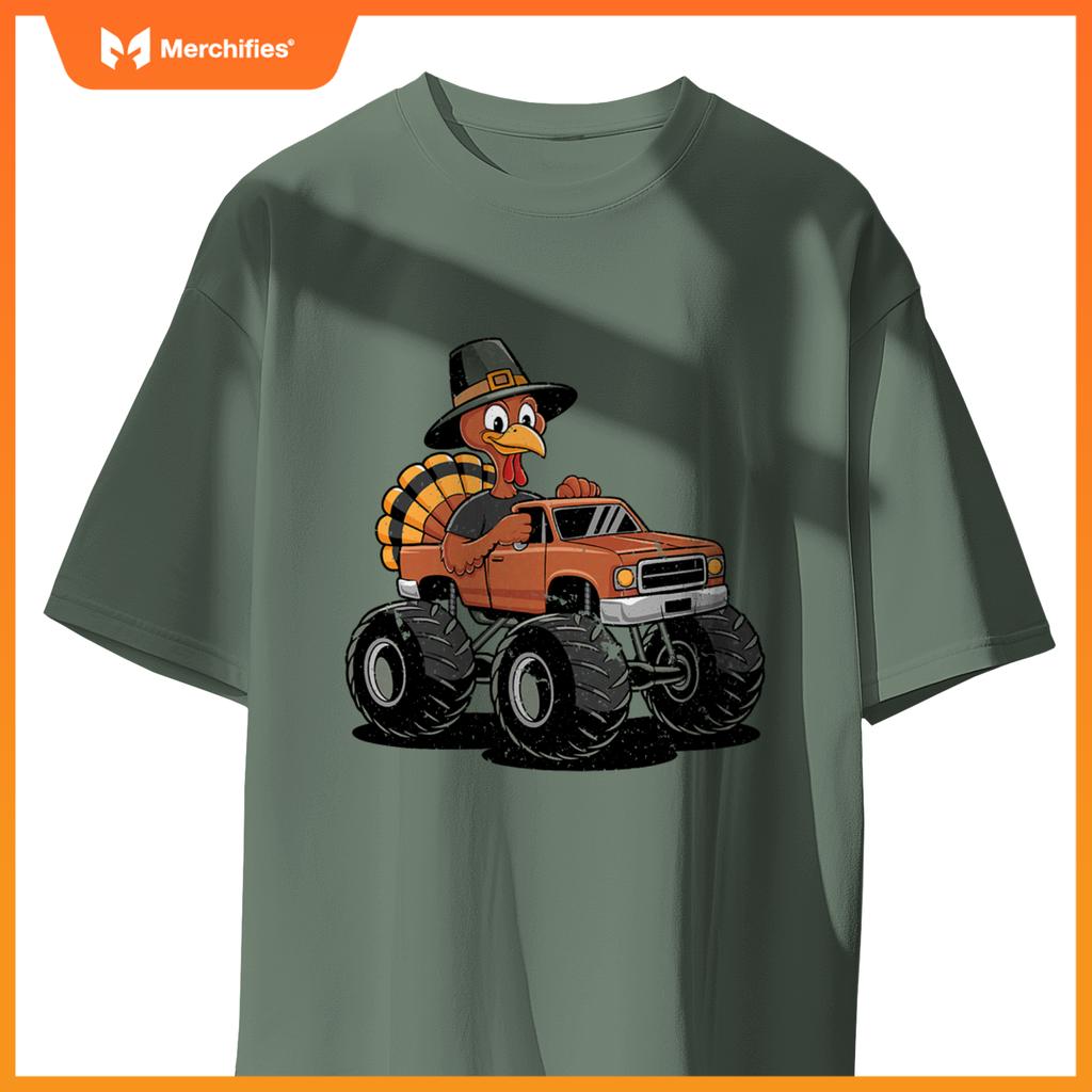Turkey Riding Monster Truck For Boys girls Kids Thanksgiving T-Shirt