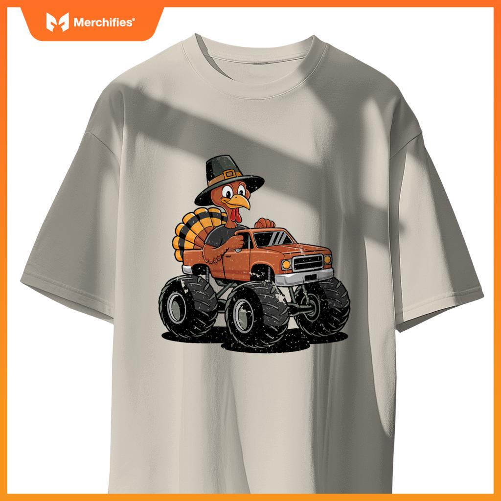 Turkey Riding Monster Truck For Boys girls Kids Thanksgiving T-Shirt