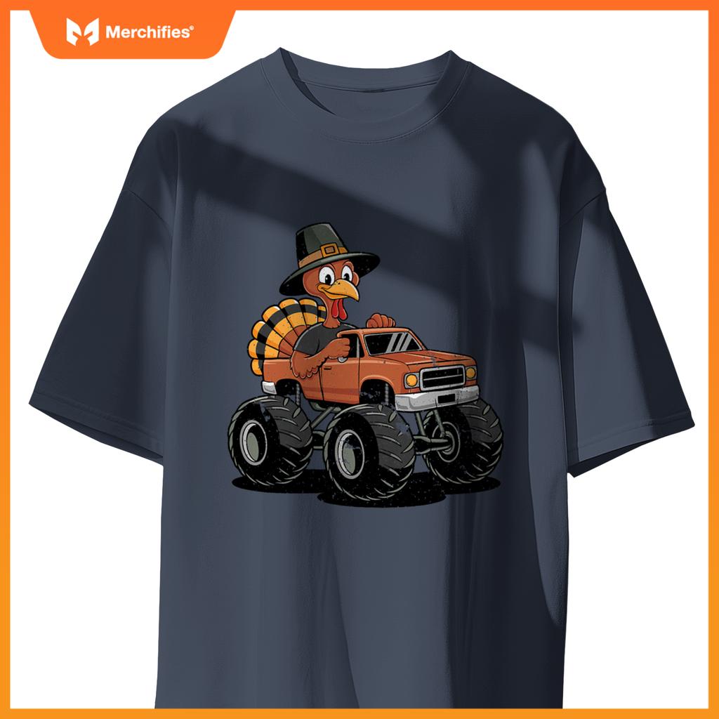 Turkey Riding Monster Truck For Boys girls Kids Thanksgiving T-Shirt