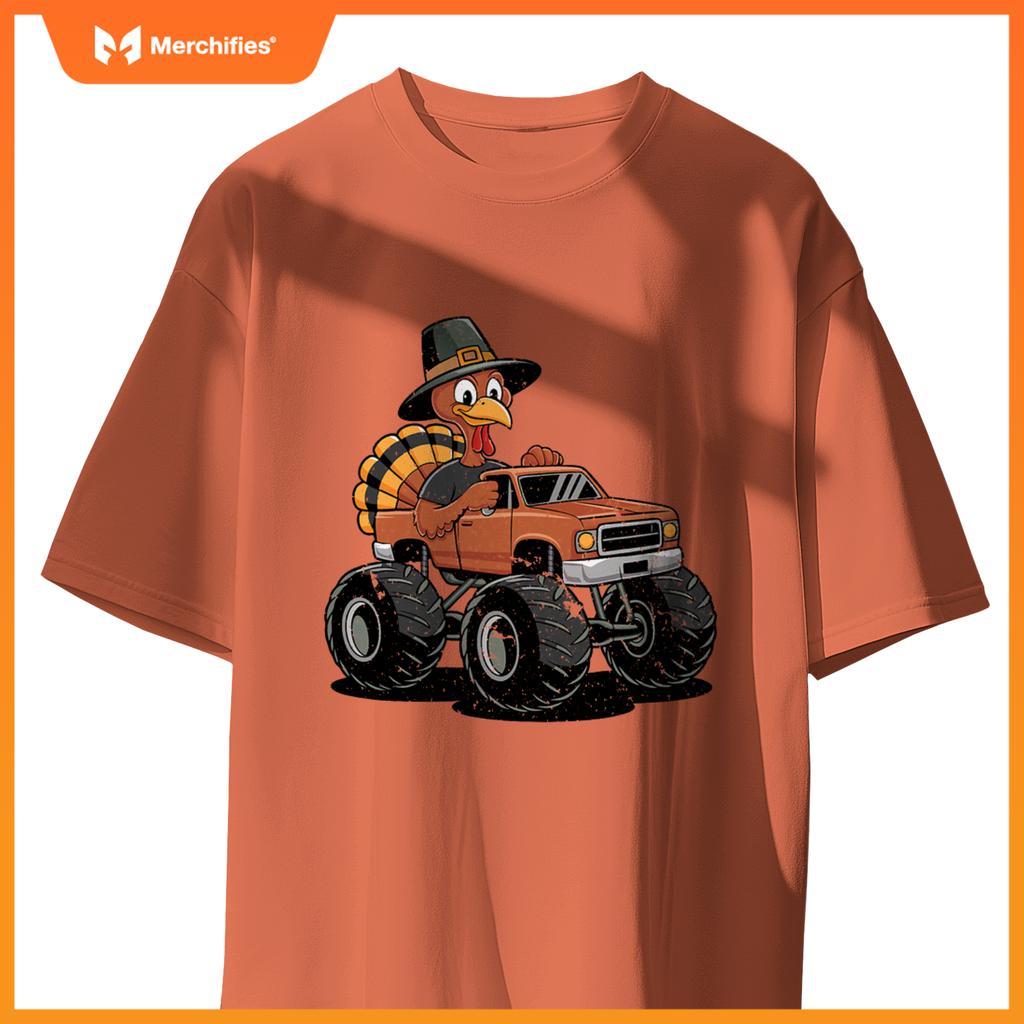 Turkey Riding Monster Truck For Boys girls Kids Thanksgiving T-Shirt