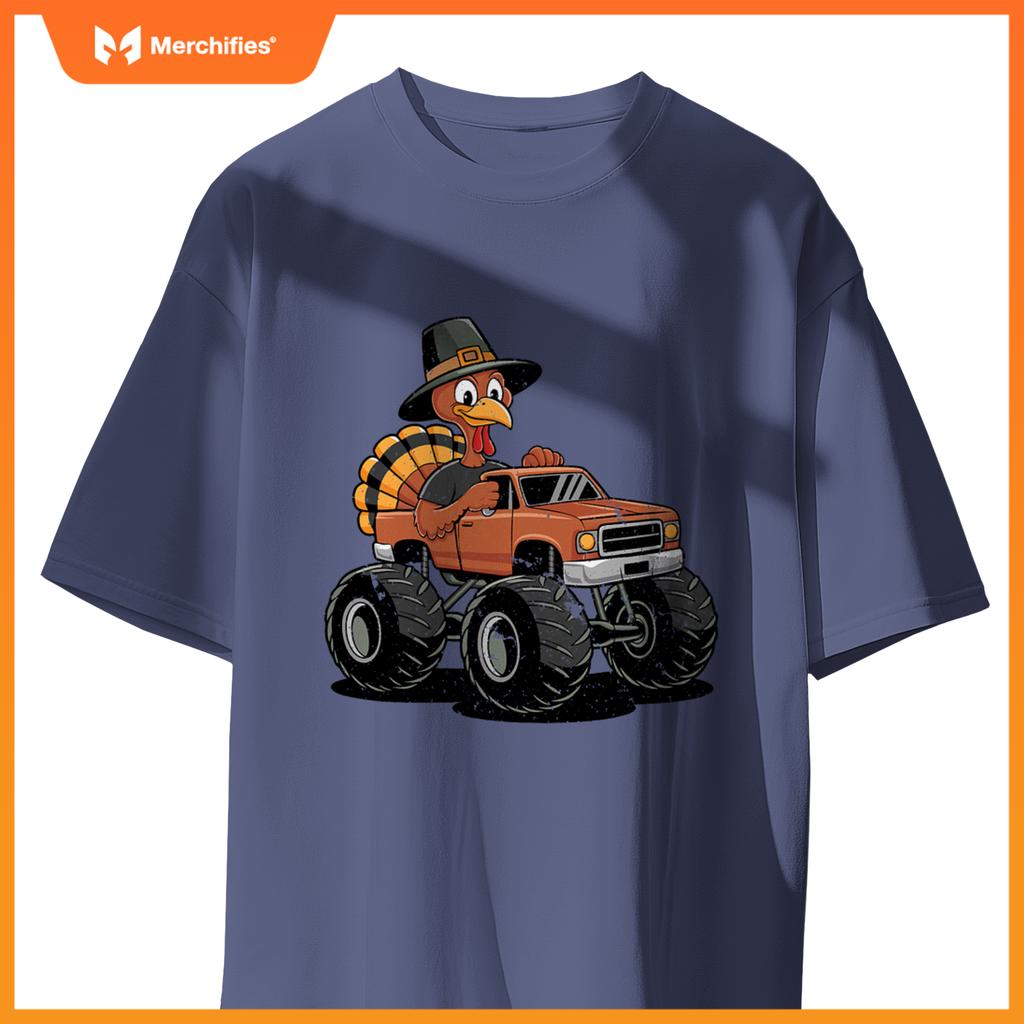 Turkey Riding Monster Truck For Boys girls Kids Thanksgiving T-Shirt